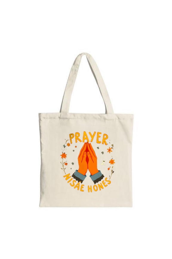 Stylish Canvas Tote Bag with Vibrant Prayer Hands Design Surrounded by Flowers & Leaves - Perfect for Shopping Travel & Parties
