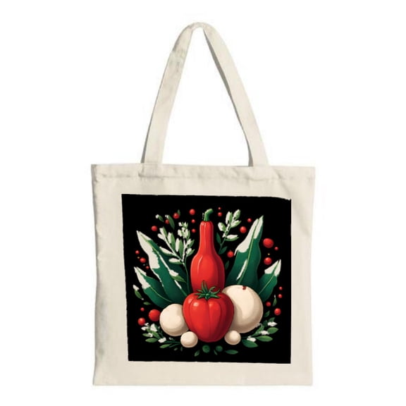 Stylish Canvas Tote Bag with Vibrant Red Bell Pepper Green Leaves & Red Berries on Black - Perfect for Shopping Travel & Parties