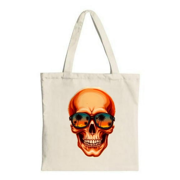 Stylish Canvas Tote Bag with Vibrant Skull & Sunglasses Design Reflecting Tropical Sunset - Perfect for Shopping Travel & Parties