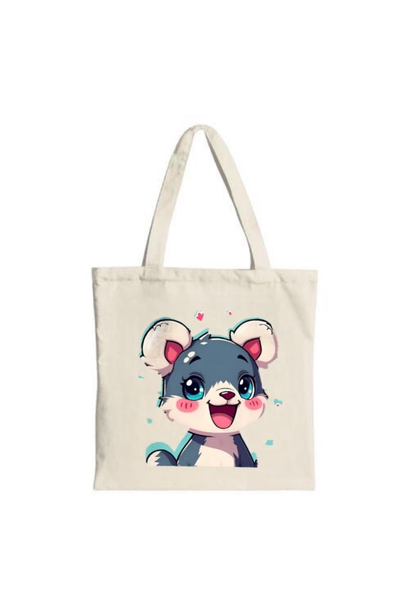 Cute Cartoon Bear Tote Bag - Happy Bear Illustration with Colorful Stars Perfect for Shopping Travel and Parties