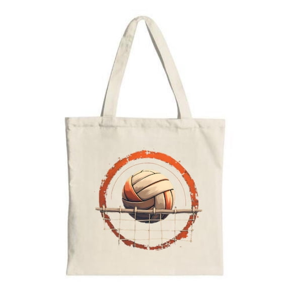 Stylish Canvas Tote Bag with Volleyball on Tennis Net Design Surrounded by Worn Orange Emblem - Perfect for Shopping & Travel