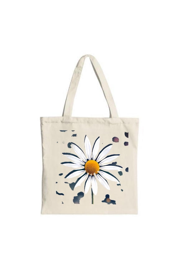 Stylish Canvas Tote Bag with White Background Large Daisy Design Yellow Center and Abstract Dark Patterns - Perfect for Shopping & Travel
