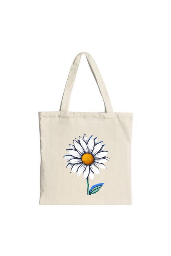 Stylish Canvas Tote Bag with White Daisy Design Blue Petals & Yellow Center on Beige Background - Perfect for Shopping & Travel