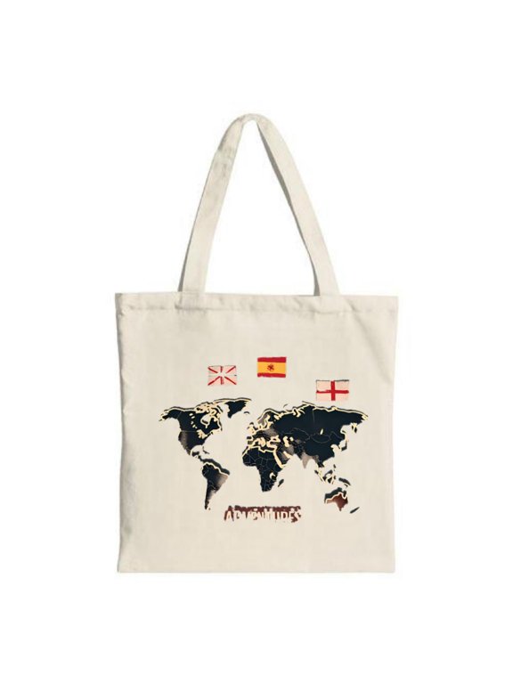 Stylish Canvas Tote Bag with World Map Design Featuring Nepal Spain and England Flags - Perfect for Adventures Travel and Shopping