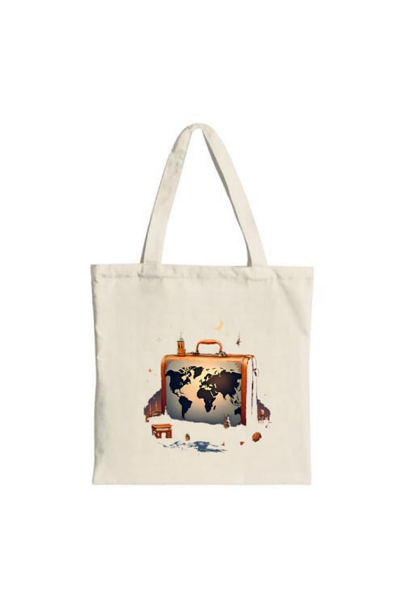 Stylish Canvas Tote Bag with World Map Suitcase Design Perfect for Travel Shopping and Parties - Multifunctional & Reusable