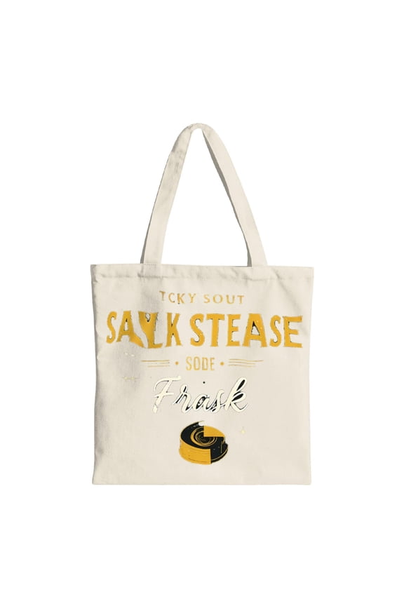 Stylish Canvas Tote Bag with Yellow & Black Text " TCKY SOUT SAK KSTEASE SODE Frask " & Cheese Wheel Design - Perfect for Shopping Travel & Parties