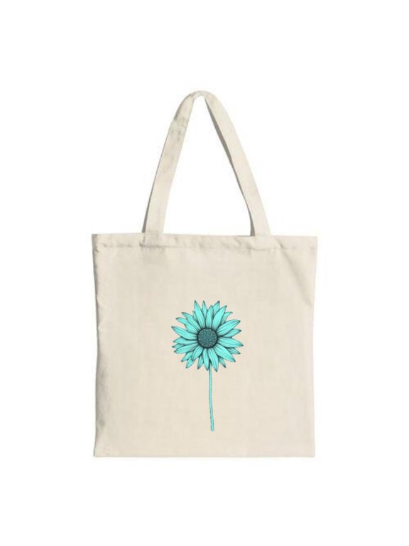 Stylish Canvas Tote Bag with a Single Turquoise Flower Design Dark Center & Slender Stem on Off - White Background - Perfect for Shopping & Travel