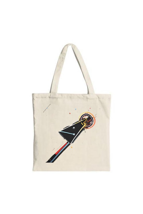 Stylish Canvas Tote Bag with a bold upward - pointing black triangle accented by vibrant geometric shapes perfect for shopping and travel