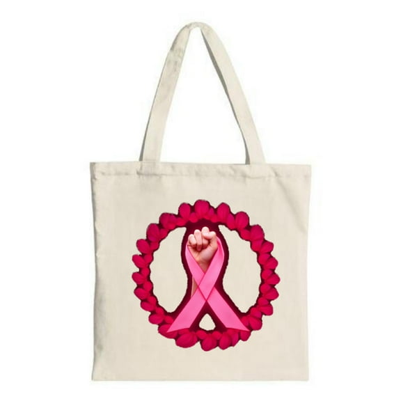 Stylish Canvas Tote Bag with a clenched fist holding a pink ribbon surrounded by heart patterns Perfect for shopping travel and parties