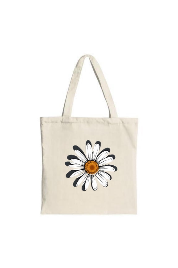 Stylish Canvas Tote Bag with a large stylized daisy design featuring white petals a yellow center and dark blue edges Perfect for shopping