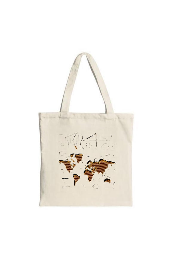 Stylish Canvas Tote Bag with a striking orange and black striped world map design perfect for travel shopping and parties