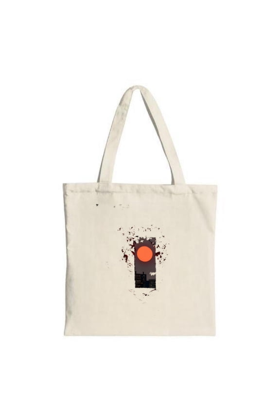 Stylish Canvas Tote Bag with a striking orange circle dark background building silhouettes and dynamic red dot accents Perfect for any occasion