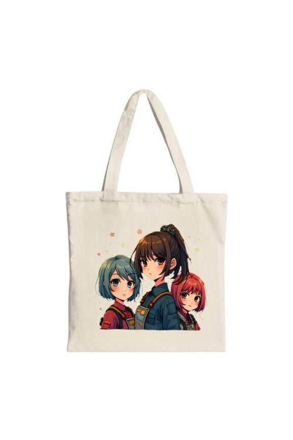 Anime Tote Bag with Three Unique Characters in Blue Red and Green Surrounded by Colorful Stars - Perfect for Shopping and Travel