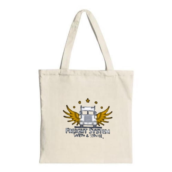 Stylish Canvas Tote Bag with a unique truck with wings graphic and ' FRONT SYSTEM AUTO & TRAIN ' text perfect for shopping and travel