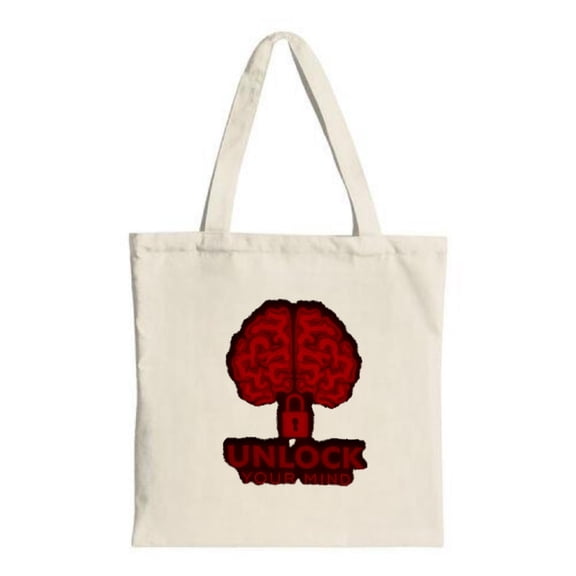Stylish Canvas Tote Bag with a vibrant red brain design and padlock featuring ' UNLOCK YOUR INNER ' text Perfect for shopping and travel