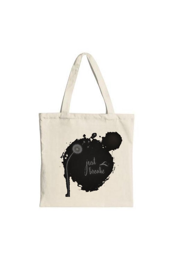 Stylish Natural Canvas Tote Bag with Dark Ink Splash Flower & Branch Design ' Just Breathe ' Cursive - Perfect for Shopping & Travel