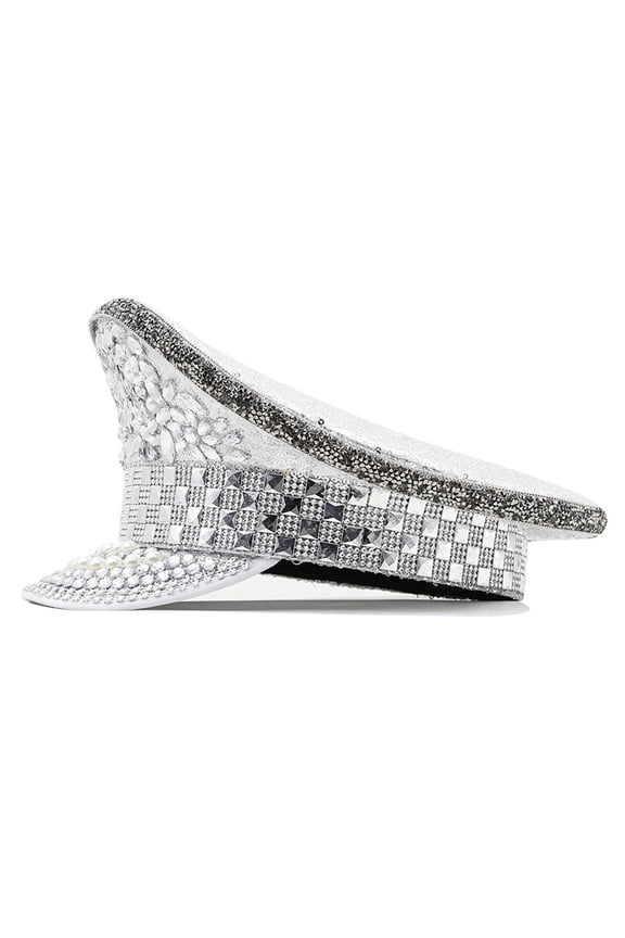 Stylish Captain Hat with Sparkling Rivet Studded and Rhinestones Decors Great for Women Various Outfit Club Headwear