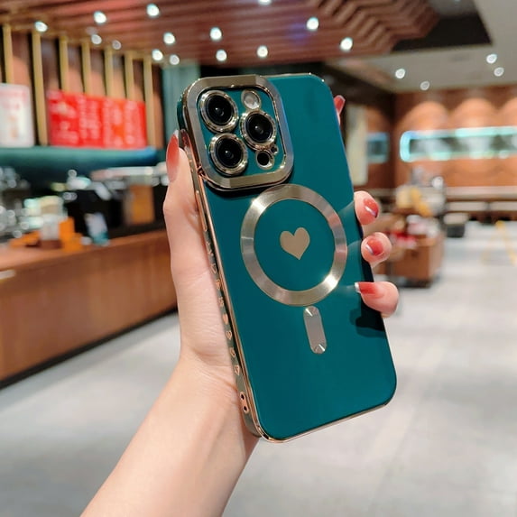 Stylish Case for iPhone 14 Pro Max, Luxury Slim Fit Plating Love Heart Shockproof Compatible with Magsafe Soft TPU Phone Case Cover for Women Girls Anti-scratch Drop Protection, Darkgreen