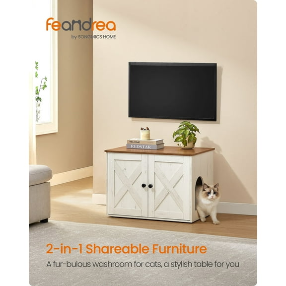 Cat Litter Box Enclosure, Litter Box Furniture Hidden, Indoor Cat House, End Table, 27.6 x 19.7 x 19.7 Inches, Rustic White and Honey Brown