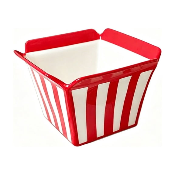 Stylish Ceramic Serving Bowl for Popcorn Fries Ramen and Snacks Versatile Deep Design for Parties and Everyday Use Dishwasher Safe Durable Food Safe Classic Striped Construction,Red