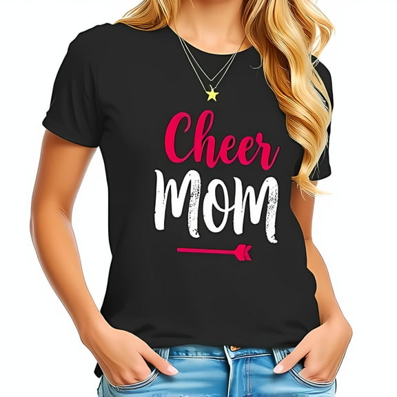Stylish Cheer Mom Cotton Short Sleeve T-Shirt with Bold Pink and White Graphic Design