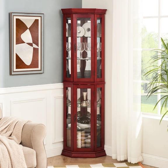 Stylish Cherry Storage Cabinet With Illuminated Glass Shelves Display And Adjustable Illumination Features