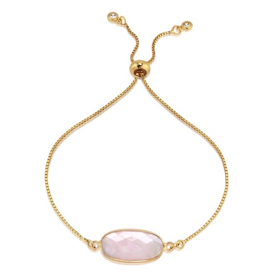 Stylish Chic Pink Rose Quartz Oval-Cut Stone Gold-Plated Chain Bracelet