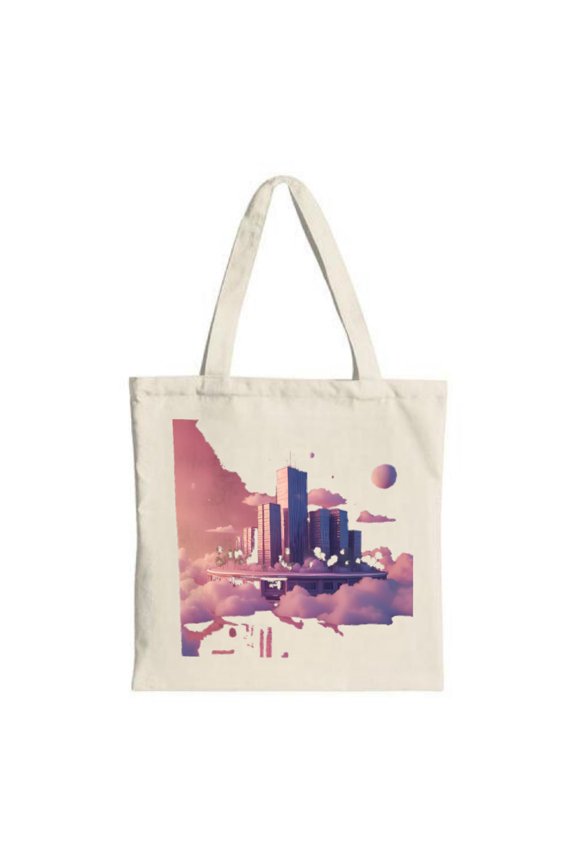 Stylish Cityscape Tote Bag - Dreamy Pink Buildings & Moon Design Perfect for Travel Parties & Shopping - Eco-Friendly Canvas Bag