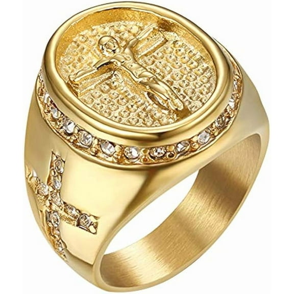 Stylish Classic Jesus Cross Crucifix Ring for Men Gold Plated Stainless Steel Ring Size 8 to 13