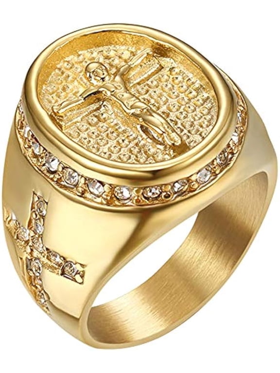 Stylish Classic Jesus Cross Crucifix Ring for Men Gold Plated Stainless Steel Ring Size 8 to 13