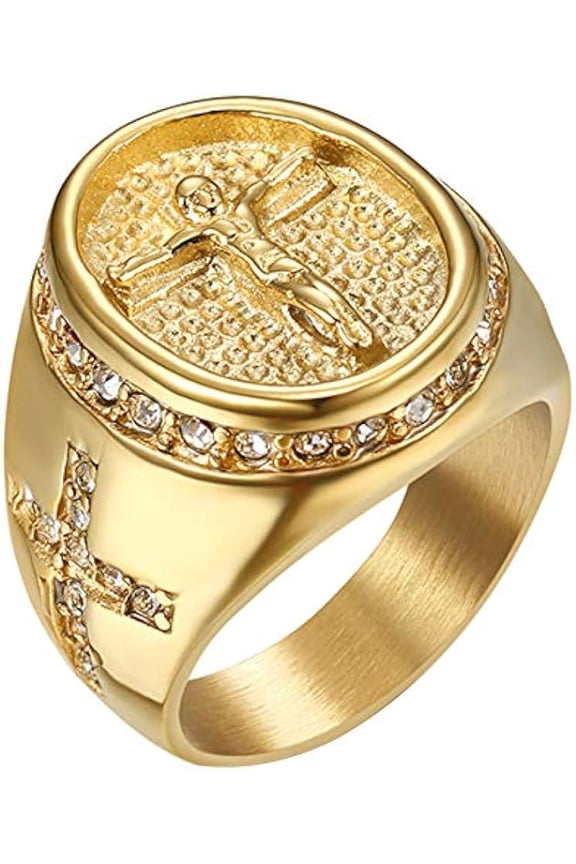 Stylish Classic Jesus Cross Crucifix Ring for Men Gold Plated Stainless Steel Ring Size 8 to 13