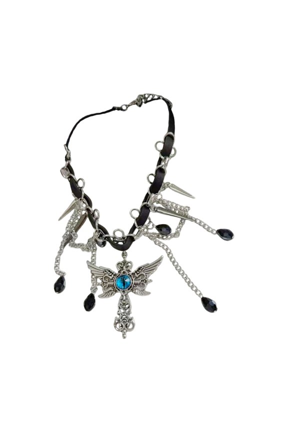 Stylish Clavicle Chain With Fringe Design Alloy Eye Wing Pendant Necklace Adjustable Length Neckchain