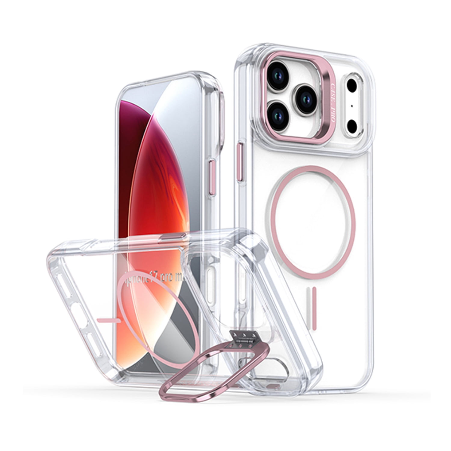 Stylish Clear Camera Stand Case with Magsafe for iPhone 17 Pro - Pink