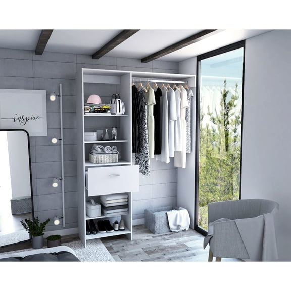 Stylish Closet System In White With Five Open Shelves, One Drawer & Rod Shelves And Metal Link Piece