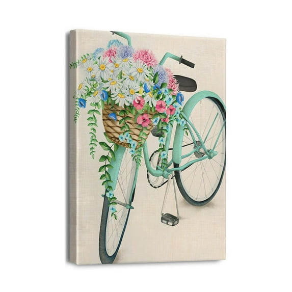Stylish Coastal Beach Wall Art Rustic Bike & Flower Pictures Canvas Painting, Inspiring Bathroom, Bedroom, Living Room Decor, 12x16 inch