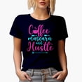 thumbnail image 1 of Stylish Coffee, Mascara & Hustle Quote, Beauty Themed Merch Gift for Makeup Artist or Lovers, Cosmetologists & Beauticians, Navy Blue T-Shirt, Small, 1 of 5