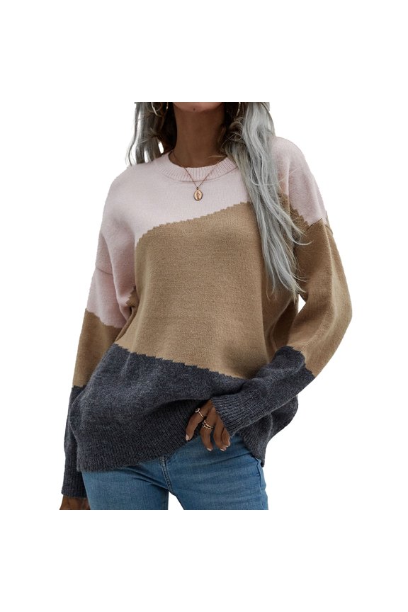 Stylish Color Block Drop Shoulder Sweater - Elastic Pullover for Autumn Winter, Pink Apricot, Size L