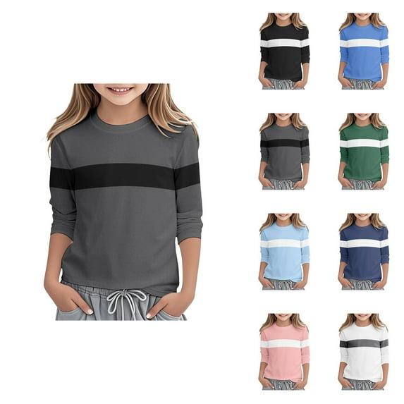 Stylish Color Block Long Sleeve Round Neck Tee, Soft Comfortable Casual Everyday Top for Toddler Girls, Cute Fall Blouses 5-14 Years