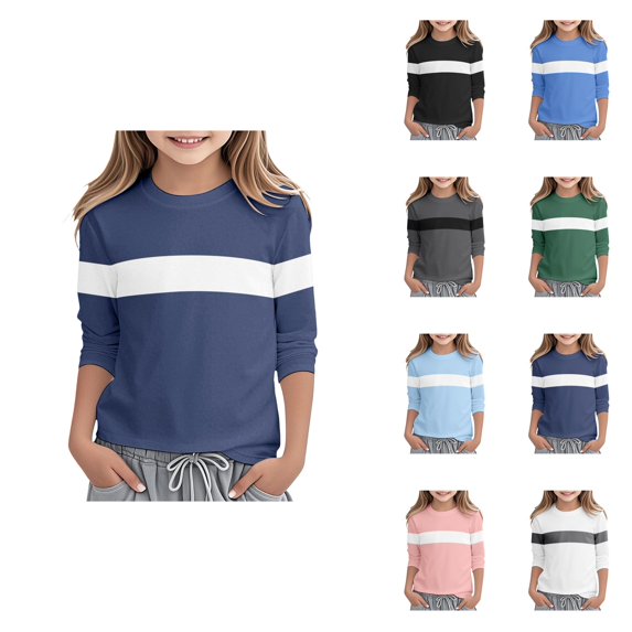 Stylish Color Block Long Sleeve Round Neck Tee, Soft Comfortable Casual Everyday Top for Toddler Girls, Cute Fall Blouses 5-14 Years