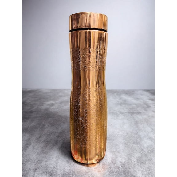 Stylish Copper Bottle with Curved Shape and Intricate Lacquer Embossed Design 900ml Perfect for Home, Office, Gym
