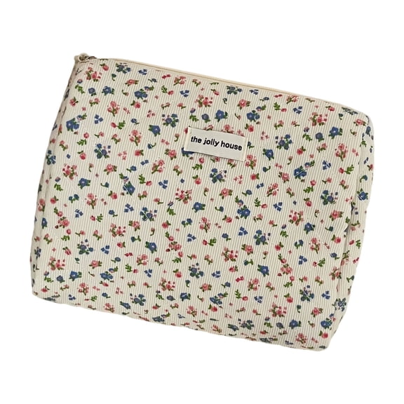 Stylish Corduroy Cosmetic Bag Floral Pattern Roomy Travel Essential Accessory
