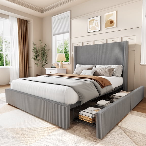 Stylish Corduroy Upholstered Platform Bed Frame with 4 Storage Drawers – Wingback Tufted Headboard & Footboard, No Box Spring Needed, Easy Assembly, Grey, King