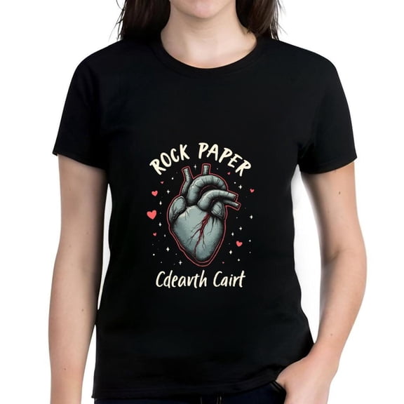 Stylish Cotton Short Sleeve T-Shirt with Artistic Heart Graphic Design - " ROCK PAPER " Text & Cursive " Cdeavth Cairt " - Playful Red & Blue Veins Pattern
