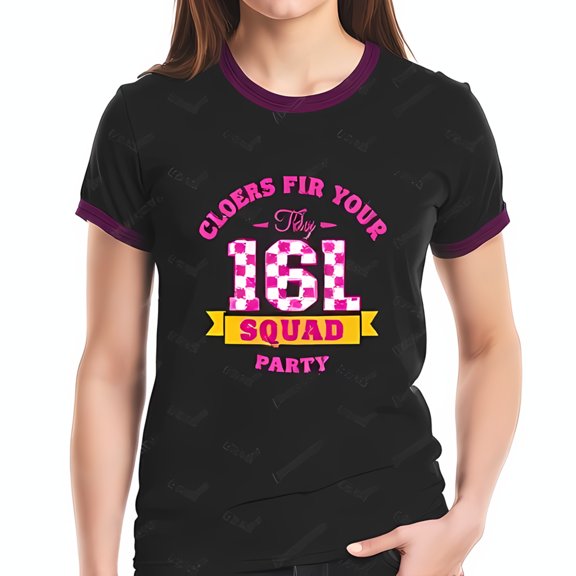 Stylish Cotton Short Sleeve T-Shirt with Checkered Pattern Text " CLOERS FIR YOUR 16L SQUAD PARTY " in Pink and Yellow Ringer Style with Purple Neckline