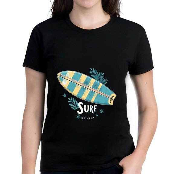 Stylish Cotton Short Sleeve T-Shirt with Colorful Surfboard Graphic Yellow & Blue Stripes Leaves Design 'SURF GO 2027' Print - Perfect for Beach Lovers
