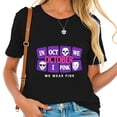 thumbnail image 1 of Stylish Cotton Short Sleeve T-Shirt - " In Oct We Wear Pink " with Whimsical Cartoon Skulls & Purple Squares - Fun Tee, 1 of 5