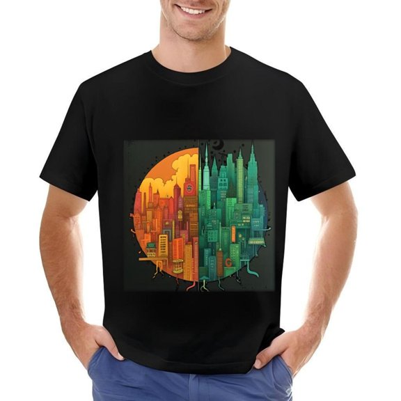 Stylish Cotton Short Sleeve T-Shirt for Men - Vibrant Cityscape Design with Warm and Cool Color Blend Unique Architectural Patterns Perfect for Urban Life