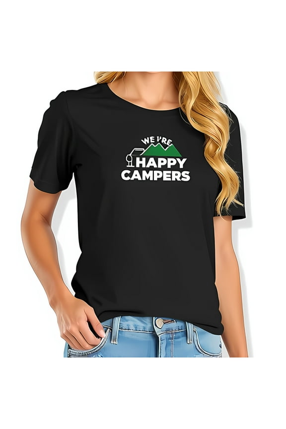Stylish Cotton Short Sleeve T-Shirt for Women - " WE'RE HAPPY CAMPERS " Bold Print with Mountain & Tent Design - Perfect for Outdoor Adventures & Casual Wear