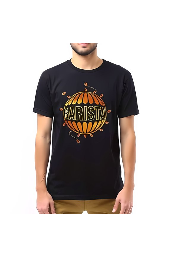 Stylish Cotton Short Sleeve T-Shirt for Coffee Lovers - Bold 'BARISTA' Graphic with Coffee Beans & Warm Gradient Design
