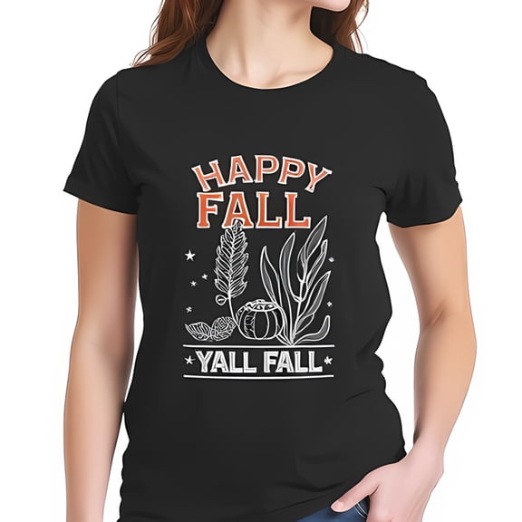 Stylish Cotton Short Sleeve T-Shirt for Fall - " HAPPY FALL " in Orange with Pumpkin & Leaves Design Y'ALL FALL Southern Charm